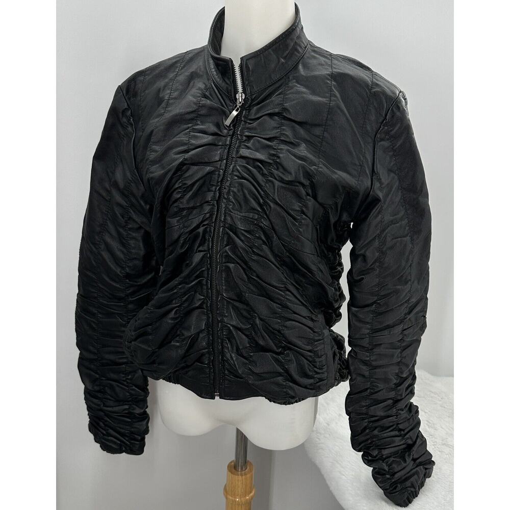 Parisline Women’s Black Rouched Leather Jacket Size Small
